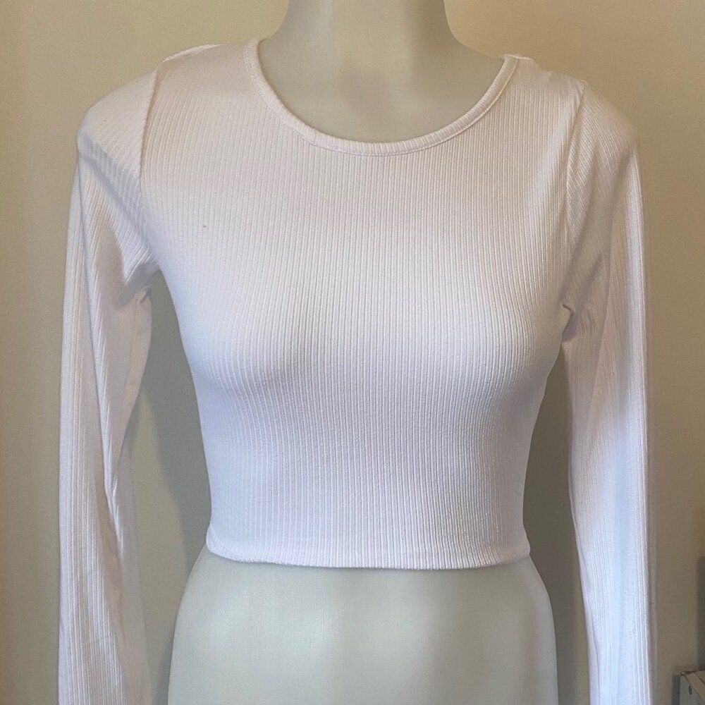 Papermoon White Ribbed Open Back Tie Crop Top Long Sleeve Size Small